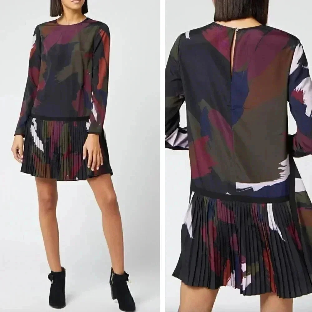 Pleated Long-Sleeve Floral Print Dress in Multicolor